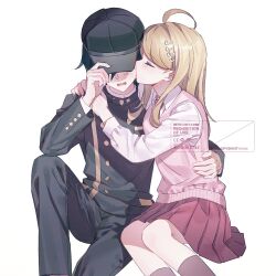  1boy 1girl ahoge akamatsu_kaede black_hair black_hat black_jacket blonde_hair blush closed_eyes collared_shirt commentary_request covering_own_eyes danganronpa_(series) danganronpa_v3:_killing_harmony hair_ornament hat hetero highres jacket kimioharuka kiss kissing_cheek long_hair long_sleeves musical_note musical_note_hair_ornament pink_sweater pleated_skirt saihara_shuichi shirt short_hair skirt striped_clothes sweater white_shirt 