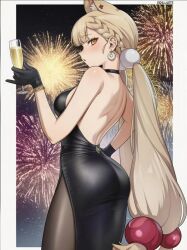 1girl alice_thymefield alternate_costume animal_ears bunny_tail evening_gown fireworks formal long_hair looking_at_viewer looking_back nightgown rabbit_ears zenless_zone_zero