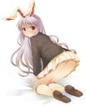  :o all_fours animal_ears bunny_ears from_behind grey_hair kneehighs loafers long_hair looking_at_viewer looking_back michii_yuuki pleated_skirt rabbit_ears red_eyes reisen_udongein_inaba shoes skirt solo touhou white_legwear 