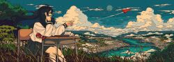 1girl absurdres artdroiiid_ii artist_request black_eyes black_hair black_sailor_collar black_skirt blue_sky chair clouds cloudy_sky commentary day desk elbow_rest english_commentary expressionless grass highres landscape ligne_claire long_hair long_sleeves looking_to_the_side on_chair original outdoors paper paper_airplane pencil pleated_skirt profile river sailor_collar scenery school_chair school_desk shirt sitting skirt sky solo summer tree turning_head white_shirt