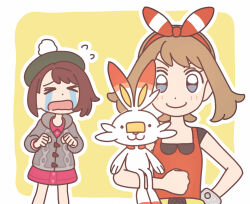  2girls blush border bow bow_hairband brown_hair cardigan closed_eyes closed_mouth crying dress feiyang02 gloria_(pokemon) green_hat grey_cardigan grey_eyes hair_bow hairband hat long_sleeves looking_at_viewer may_(pokemon) multiple_girls open_mouth outline outside_border pink_dress pokemon pokemon_(creature) pokemon_on_arm pokemon_oras pokemon_swsh red_bow red_hairband red_shirt scorbunny shirt short_hair sleeveless sleeveless_shirt smile streaming_tears tears white_border white_outline yellow_background 