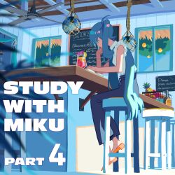  1girl blue_hair chair drink electric_fan food fruit hatsune_miku head_rest highres indoors magotsuki_(hurray) menu_board on_chair reading sitting sleeveless vocaloid watermark 