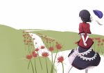  arms_behind_back blue_hair chinese_clothes flat_color flower from_behind grass hat hat_removed headwear_removed high_collar highres horizon miyako_yoshika ofuda_removed pale_skin path short_hair skirt sogabu_mikoto solo spider_lily touhou v_arms walking wind 