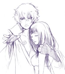  1boy 1girl alternate_costume blunt_bangs closed_eyes closed_mouth commentary couple curly_hair fingerless_gloves gloves hair_between_eyes hetero high_collar highres hyuuga_hinata japanese_clothes kimidori_(kimidoriri) long_hair looking_at_viewer monochrome naruto:_the_last naruto_(series) ootsutsuki_toneri reaching reaching_towards_viewer robe simple_background sleeveless tattoo white_background 