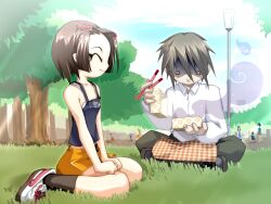  0_0 1boy 1girl 2000s_(style) ^_^ bento black_shoes black_socks blue_camisole blurry blurry_background breasts brown_hair camisole chopsticks closed_eyes closed_mouth clouds collarbone collared_shirt full_body game_cg grass grey_hair grey_pants hair_between_eyes hair_ornament hairclip holding holding_bento holding_chopsticks indian_style kenki_fujioka lamppost long_sleeves majo_no_ochakai non-web_source official_art pants park parted_bangs people picnic shaded_face shirt shoes short_hair shorts sitting sky small_breasts smile socks steam tree variant_set wariza white_shirt x_mouth yellow_shorts yuuhi_megumi_(majo_no_ochakai) 