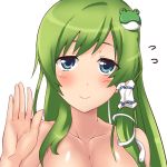  1girl bare_shoulders blue_eyes blush collarbone face flying_sweatdrops frog green_hair hair_ornament hair_tubes kochiya_sanae long_hair looking_at_viewer portrait smile snake solo touhou transparent_background waving white_background 