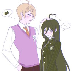  1boy 1girl ahoge akamatsu_kaede black_hair black_jacket blonde_hair blush breasts buttons commentary_request cowboy_shot danganronpa_(series) danganronpa_v3:_killing_harmony double-breasted genderswap genderswap_(ftm) genderswap_(mtf) hair_between_eyes hair_ornament headpat highres jacket keke_(xfxyuio) korean_commentary large_breasts long_hair long_sleeves musical_note musical_note_hair_ornament necktie open_mouth pink_eyes pink_sweater_vest saihara_shuichi shirt simple_background smile striped_clothes striped_jacket sweater_vest white_background 