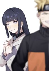  1boy 1girl black_hair black_jacket blonde_hair blurry blurry_foreground blush closed_mouth commentary forehead_protector highres hyuuga_hinata jacket long_hair long_sleeves naruto_(series) naruto_shippuuden purple_jacket short_hair smile untranslatable_commentary upper_body uzumaki_naruto violet_eyes white_background xxx_oi7 