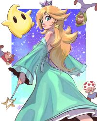  1girl 3boys blonde_hair blue_dress blue_eyes blue_overalls crown dress earrings facial_hair gloves hair_over_one_eye hat highres jewelry joe_the_cup long_hair looking_back luigi luma_(mario) mario multiple_boys mustache overalls rosalina space star_(symbol) star_earrings super_mario_bros. toad_(mario) upside-down wand 