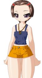  1girl 2000s_(style) blue_camisole breasts brown_hair camisole closed_mouth collarbone cowboy_shot game_cg hair_ornament hairclip half-closed_eyes jewelry kenki_fujioka large_variant_set looking_at_viewer lowres majo_no_ochakai necklace non-web_source official_art parted_bangs short_hair short_shorts shorts simple_background small_breasts solo standing tachi-e thighs transparent_background tsurime variant_set violet_eyes yellow_shorts yuuhi_megumi_(majo_no_ochakai) 