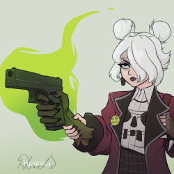  1girl artist_name black_lips black_nails blazer commentary deadlock_(game) doktor_malefic double_bun english_commentary fingerless_gloves fire gloves gradient_background graves_(deadlock) green_eyes green_fire gun hair_bun hair_over_one_eye handgun highres holding_limb jacket jewelry medium_hair necklace school_uniform severed_hand shirt single_fingerless_glove solo weapon white_hair white_shirt 