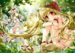  absurdres animal_ears anklet armlet ass bare_shoulders bell blonde_hair bracelet breasts butterfly cat_ears cat_tail choker dress fingernails flat_chest flower forest fujima_takuya grand_piano hair_flower hair_ornament highres instrument jewelry leg_hug long_hair looking_back miniskirt multiple_girls nature original paw_pose piano red_eyes sandals see-through sideboob silver_hair sitting skirt smile tail thigh-highs thighhighs toes twintails white_dress white_legwear yellow_eyes 