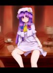  blush book hat letterboxed long_hair looking_at_viewer mizuga patchouli_knowledge purple_eyes purple_hair sitting solo touhou violet_eyes 