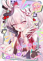  1girl :3 absurdres bell black_choker black_gloves black_hat bow bracelet choker club_(shape) collar cursor detached_sleeves emoji frilled_collar frilled_sleeves frills frown gloves grey_hair hand_on_own_cheek hand_on_own_chin hand_on_own_face hands_on_own_cheeks hands_on_own_face hat hat_bow hat_ornament heart heart_print highres honkai:_star_rail honkai_(series) jewelry long_sleeves looking_at_viewer pink_eyes rabbit_hat_ornament red_eyes red_shirt sasami_(cho_ge_n_ki) shirt single_glove solo spade_(shape) sparkle_(honkai:_star_rail) sparxie_(honkai:_star_rail) spoken_heart triangle_mouth twintails upper_body white_hair wide_sleeves 