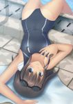  black_hair blue_eyes fuyu_urara goggles goggles_on_head lying on_back one-piece_swimsuit original parted_lips pool short_hair smile solo swimsuit tan tanline towel water 