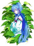  blue_hair copyright_request crossed_arms folded_arms japanese_clothes komenama leaf long_hair looking_at_viewer plant ponytail sleeves_past_wrists solo 