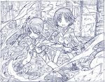  bag blazer blood blood_stain dagger dual_wielding hair_ribbon highres kill_me_baby long_hair monochrome multiple_girls open_mouth oribe_yasuna ribbon sakino_shingetsu school_bag school_uniform short_hair sketch skirt sonya_(kill_me_baby) twintails weapon 