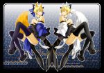  animal_ears bare_shoulders black_legwear blonde_hair bow caster_(fate/extra) caster_(fate/extra)_(cosplay) clog_sandals crossdressinging detached_sleeves dual_persona fate/extra fate/stay_night fate_(series) fox_ears fox_tail geta gilgamesh hair_bow hair_ribbon japanese_clothes male multiple_boys palette_swap psyche59 red_eyes ribbon sandals short_hair symmetry tail thigh-highs thighhighs 