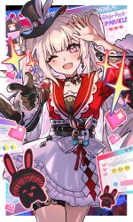  1girl absurdres black_choker black_gloves black_hat black_rope black_sleeves blush braid breasts butterfly-shaped_pupils choker clothing_cutout club_(shape) collarbone commentary_request danmaku_comments diamond_(shape) diamond_facial_mark diamond_on_cheek emoji english_text facial_mark frilled_skirt frills gloves hand_on_own_head hat hat_ornament head_only heart heart_facial_mark heart_on_cheek heart_print highres honkai:_star_rail honkai_(series) long_hair long_sleeves looking_at_viewer mark_under_both_eyes mini_hat mini_top_hat multicolored_hair one_eye_closed open_mouth pink_eyes rabbit_ear_headwear rabbit_hat_ornament red_hair red_ribbon red_shirt red_sleeves ribbon rope rope_belt sakana_(fishchunk) shirt shoulder_cutout skirt smile solo spade_(shape) sparkle sparkle_(honkai:_star_rail) sparxie_(honkai:_star_rail) streaked_hair supplicant_mask symbol-shaped_pupils thigh_strap thumbs_up_emoji top_hat twintails very_long_hair white_hair white_shirt wide_sleeves 