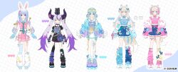  5girls animal_ears arm_warmers black_collar black_horns black_shirt black_skirt blonde_hair blue_camisole blue_eyes blue_hair blue_jacket blue_shirt blue_skirt blue_streaks bow braid braided_hair_rings camisole collar collared_shirt commentary_request copyright_notice crossed_bangs crow_(la+_darknesss) demon_girl demon_horns dog_ears dog_girl dog_tail double-parted_bangs double_bun extra_ears fishnet_pantyhose fishnet_socks fishnets full_body fur_arm_warmers fur_leg_warmers fuwawa_abyssgard grey_hair hair_between_eyes hair_bow hair_bun hair_rings highres hololive hololive_english hololive_indonesia horns jacket jiu_(jiwoo_owo9) kobo_kanaeru la+_darknesss leg_warmers long_hair loose_socks low_twin_braids miniskirt mococo_abyssgard multicolored_hair multiple_girls off-shoulder_shirt off_shoulder official_alternate_costume official_art pantyhose pink_eyes pink_jacket pink_shirt pink_skirt pink_streaks platform_shoes pleated_skirt pointy_ears purple_hair purple_streaks rabbit_ears rabbit_girl red_eyes shirt shoes short_eyebrows short_hair side_up_ring single_leg_pantyhose single_thighhigh skirt sneakers socks streaked_hair striped_horns tail thick_eyebrows thigh-highs thigh_strap twin_braids usada_pekora very_long_hair virtual_youtuber white_hair white_skirt white_socks yellow_eyes 
