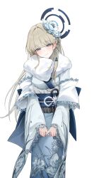  4meart0112 absurdres alternate_costume blue_archive blue_eyes floral_print floral_print_kimono flower fur-trimmed_kimono fur_trim furisode grey_hair hair_flower hair_ornament halo highres japanese_clothes kimono long_hair looking_at_viewer obi obijime print_kimono sash sidelocks standing straight-on toki_(blue_archive) 