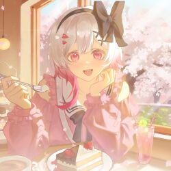  1girl :d absurdres artist_request black_hairband book_off cafe cake cherry_blossoms chinese_commentary clothing_cutout collared_shirt commentary_request commission day food frilled_shirt frills gradient_hair hair_ornament hairband hands_up highres holding holding_spoon indoors lamp long_sleeves looking_at_viewer mahou_shoujo_no_majo_saiban multicolored_hair neck_ribbon official_alternate_costume open_mouth pink_eyes pink_hair pink_shirt ribbon sakuraba_ema second-party_source shirt shoulder_cutout smile solo spoon spring_(season) table upper_body white_hair x_hair_ornament 