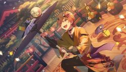  1boy :d arrow_(projectile) ball black_bridal_gauntlets black_pants black_shirt blonde_hair bridal_gauntlets camellia checkered_clothes checkered_kimono clothing_cutout collarbone colorful_palette confetti demon_horns dot_nose double-parted_bangs earrings fangs feet_out_of_frame fingernails flower game_cg gradient_hair green_kimono highres holding holding_umbrella horns japanese_clothes jewelry kimono long_fingernails long_sleeves looking_at_object looking_up multicolored_hair nail_polish necklace official_alternate_costume official_art oil-paper_umbrella on_one_knee open_mouth orange_eyes orange_hair orange_kimono orange_theme outdoors pants project_sekai puffy_long_sleeves puffy_sleeves red_flower red_kimono red_nails red_ribbon ribbon shinnen_kotohogu_inori_no_mai_(project_sekai) shirt shirt_under_kimono short_hair shrine smile solo star_(symbol) star_print teeth tenma_tsukasa third-party_source tongue tree two-tone_kimono umbrella upper_teeth_only v-shaped_eyebrows white_flower 