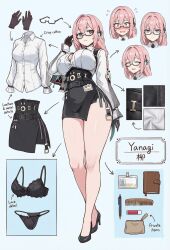1girl character_sheet comb glasses id_card journal lipgloss long_hair pen pink_hair pouch tsukishiro_yanagi underwear zenless_zone_zero