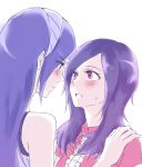  aono_miki blush eye_contact fresh fresh_precure! hairband hands_on_shoulders higashi_setsuna incipient_kiss long_hair looking_at_another multiple_girls panmi pink_eyes precure purple_hair simple_background yuri 