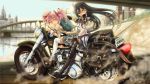  aiming_at_viewer akemi_homura black_hair black_legwear blurry bridge depth_of_field epic glasses gun hair_ribbon highres kaname_madoka long_hair mahou_shoujo_madoka_magica motor_vehicle motorcycle multiple_girls naka_(nicovideo14185763) pantyhose parody pink_eyes pink_hair pov_aiming purple_eyes ribbon riding short_twintails shotgun t-800 terminator thigh-highs thighhighs twintails vehicle violet_eyes weapon white_legwear 