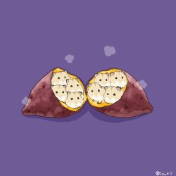  animal commentary food hamster no_humans on_food original purple_background roasted_sweet_potato simple_background steam sweet_potato untranslatable_commentary upiupisyo 