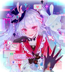  against_window artist_name bell black_choker black_gloves black_hat bow bracelet choker club_(shape) collar cursor detached_sleeves emoji frilled_collar frills gloves grey_hair hand_on_own_cheek hand_on_own_chin hand_on_own_face hat hat_bow hat_ornament heart heart_print highres honkai:_star_rail honkai_(series) jewelry liuleimaomaotou long_sleeves looking_at_viewer pov pov_hands rabbit_hat_ornament red_shirt shirt signature skirt spade_(shape) sparkle_(honkai:_star_rail) sparxie_(honkai:_star_rail) twintails upper_body white_hair white_skirt wide_sleeves 