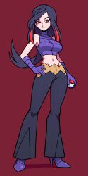  1girl absurdres bare_shoulders bean52623818 black_hair black_pants breasts closed_mouth commentary english_commentary full_body gloves hand_on_own_hip high_heels highres holding holding_poke_ball large_breasts long_hair looking_at_viewer lucy_(pokemon) midriff navel pants poke_ball pokemon pokemon_emerald pokemon_rse purple_gloves red_eyes smile solo 