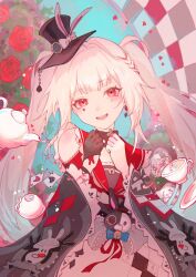  1girl belt black_belt black_choker black_gloves black_hat black_sleeves blue_bow blush bow braid braided_sidelock breasts choker clothing_cutout club_(shape) collar commentary_request cup diamond_(shape) diamond_facial_mark diamond_on_cheek facial_mark flower frilled_bow frilled_collar frilled_skirt frilled_sleeves frills gloves grey_hair hair_intakes hands_on_own_chest hat hat_bow hat_ornament head_tilt heart heart_facial_mark heart_on_cheek highres honkai:_star_rail honkai_(series) long_hair long_sleeves looking_at_viewer mark_under_both_eyes mini_hat mini_top_hat multicolored_hair open_mouth pink_eyes plaid_clothes plaid_sleeves plate poker rabbit_ear_headwear rabbit_hat_ornament red_eyes red_flower red_hair red_ribbon red_rose red_sleeves ribbon rose sailor_collar semi-rimless_eyewear shoulder_cutout single_glove skirt small_breasts smile solo spade_(shape) sparkle_(honkai:_star_rail) sparxie_(honkai:_star_rail) streaked_hair supplicant_mask szpw_nmh3 tea teacup teapot thumbs_up_emoji top_hat twintails upper_body very_long_hair white_hair white_skirt wide_sleeves 