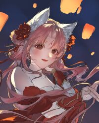  1girl absurdres aegyo_sal animal_ear_fluff animal_ears bare_shoulders blue_sky bow-shaped_hair bracer brown_eyes brown_pupils detached_sleeves double_bun dress eyelashes facial_mark flower forehead_mark forever_bond_(infinity_nikki) fox_ears hair_bun hair_flower hair_ornament hand_in_own_hair happy highres infinity_nikki lantern leotard light_blush lipstick long_hair long_sleeves lotus low_twintails lower_teeth_only makeup night nikki_(nikki) nikki_(series) open_mouth outdoors paper_lantern parted_bangs pink_hair pink_lips red_dress red_flower red_sleeves sky smile solo strapless strapless_leotard teeth twintails upper_body wide_sleeves yzyling 