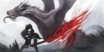  1girl arceonn battle black_hair black_legwear black_rock_shooter blood cutting dragon dragon_slayer elbow_gloves fingerless_gloves gloves long_hair long_tongue original solo sword thigh-highs tongue tongue_out weapon yellow_eyes 