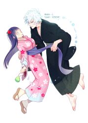  1boy 1girl alternate_costume artist_name barefoot blue_eyes blunt_bangs character_name closed_mouth collarbone couple curly_hair english_commentary english_text feet flower from_side full_body green_kimono hair_between_eyes hair_flower hair_flowing_over hair_ornament hand_on_another's_back hetero highres holding hyuuga_hinata japanese_clothes kimono leaning_back leaning_forward light_blush long_sleeves looking_at_another looking_down looking_up multicolored_hair naruto:_the_last naruto_(series) no_pupils ootsutsuki_toneri open_mouth pink_kimono pulling_another's_clothes purple_hair purple_sash red_flower red_rose rose sandals sash socks streaked_hair surprised sweatdrop toes violet_eyes vosovic white_background white_hair white_socks wide-eyed wide_sleeves 