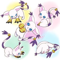  :3 artist_name blue_eyes cat claws closed_eyes closed_mouth digimon digimon_(creature) fighting_stance full_body gold_ring light_blush mar0maru multiple_views no_humans open_mouth signature sitting sleeping smile tail tail_ornament tail_ring tailmon 