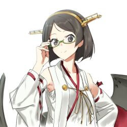  1girl adjusting_eyewear black_hair breasts commentary_request detached_sleeves glasses green-framed_eyewear hand_on_eyewear headgear ikezawa_shin japanese_clothes kantai_collection kirishima_(kancolle) looking_at_viewer nontraditional_miko ribbon-trimmed_sleeves ribbon_trim rigging short_hair simple_background smile solo upper_body white_background white_sleeves wide_sleeves 