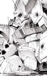  2boys assault_visor boat bullet_hole commentary_request damaged earth_federation from_side greyscale ground_gm gundam gundam_08th_ms_team helmet highres mecha mecha_focus mecha_pilot_suit mobile_suit monochrome multiple_boys normal_suit_(gundam) open_cockpit outdoors pilot_helmet robot science_fiction takagi_shuei water watercraft 