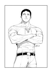  1boy absurdres belt belt_buckle black_belt black_eyes black_hair buckle collarbone commentary_request covered_abs crew_neck crossed_arms greyscale highres large_pectorals looking_to_the_side monochrome muscular muscular_arms muscular_male original pants pectorals short_hair simple_background sketch sokytk2 unfinished veins veiny_arms very_short_hair white_background white_pants 
