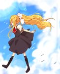  air blonde_hair closed_eyes cloud condensation_trail eyes_closed kamio_misuzu lens_flare long_hair nayu_(rhododendron) outstretched_arms ponytail school_uniform solo spread_arms sunlight 