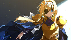  1girl alice_zuberg armor armored_dress blonde_hair blue_cape blue_eyes bow breastplate cape closed_mouth coat commentary_request dress gold_armor hair_between_eyes hair_bow hairband highres knight long_hair long_sleeves looking_at_viewer one_eye_covered pauldrons petals shikei shoulder_armor simple_background solo straight-on sword_art_online sword_art_online:_alicization turtleneck_coat v-shaped_eyebrows very_long_hair white_bow white_coat white_hairband wind 