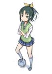  ball blush crossed_arms green_eyes green_hair hair_ribbon kuroboshi_kouhaku midorikawa_nao ponytail precure ribbon school_uniform sketch skirt sleeves_rolled_up smile smile_precure! soccer_ball solo sweater_vest 