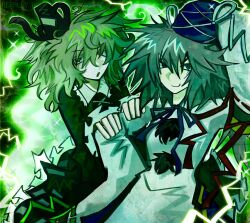  2girls :o arm_up commentary dress electricity ghost_tail green_background green_theme hands_on_another's_arm hat highres japanese_clothes kariginu long_hair long_sleeves looking_ahead looking_at_viewer medium_hair mononobe_no_futo multiple_girls nexally open_mouth robe skirt sleeves_past_wrists smile soga_no_tojiko sparkle spiky_hair tate_eboshi touhou tsurime untranslatable_commentary upper_body v-shaped_eyebrows 