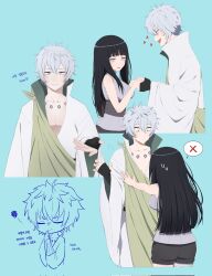  1boy 1girl annoyed bare_arms bare_shoulders black_gloves black_hair black_shorts blue_background blue_eyes blush chest_tattoo chibi closed_eyes closed_mouth collarbone commentary_request constricted_pupils couple curly_hair fingerless_gloves from_behind from_side gloves happy hetero high_collar highres hyuuga_hinata japanese_clothes jukyhyu korean_commentary korean_text leaning_forward long_hair looking_at_viewer looking_down looking_to_the_side naruto:_the_last naruto_(series) nervous_sweating no_pupils ootsutsuki_toneri open_mouth purple_hair pushing_away reaching reaching_towards_viewer robe shade shorts sleeveless standing surprised sweat sweatdrop tattoo thinking upper_body violet_eyes white_hair white_robe wide-eyed wide_sleeves 