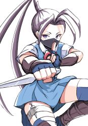  1girl blue_dress bright_pupils commentary_request dress eyelashes high_ponytail highres holding holding_weapon ibuki_(street_fighter) ikaringo_(ikaringo4444) kunai looking_to_the_side mask mouth_mask ninja ponytail simple_background solo street_fighter street_fighter_iii_(series) violet_eyes weapon white_background white_pupils 