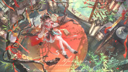  1girl absurdres ahoge ajirogasa architecture bamboo_steamer bare_legs black_cat black_hair black_shoes calligraphy_brush capelet cat chair chinese_clothes chinese_commentary commentary_request dappled_sunlight day door double_bun dress east_asian_architecture floor flower footprints from_above full_body garden green_water hair_bun hairband hand_on_floor hat highres holding holding_pen lantern leaf long_sleeves loose_socks nenju on_floor original paintbrush paper_lantern pen pillow plum_blossoms red_capelet red_dress red_eyes red_hairband red_ribbon red_rope ribbon rope shadow shiling shoes sitting socks solo soozhi sunlight two-tone_dress water white_dress white_sleeves window xiaolongbao 