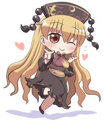  1girl ;) black_dress black_hat black_shoes blonde_hair blush chibi chibi_only closed_mouth commentary_request dalachi_(headdress) dot_nose dress flying_sweatdrops full_body hair_between_eyes hands_up hat heart highres junko_(touhou) long_hair long_sleeves looking_at_viewer one_eye_closed phoenix_print red_eyes red_tabard rokugou_daisuke shoes signature simple_background smile solo standing standing_on_one_leg tabard touhou white_background wide_sleeves 