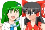  angry ascot bare_shoulders black_eyes black_hair bow frog_hair_ornament green_eyes green_hair hair_bow hair_ornament hair_tubes hakurei_reimu kochiya_sanae lau_sing leung_fei-fan long_hair maofan_(nekohan) meme multiple_girls no_regrets_(tv_series) open_mouth parody payot pointing pointing_up shouting snake teeth touhou white_background 